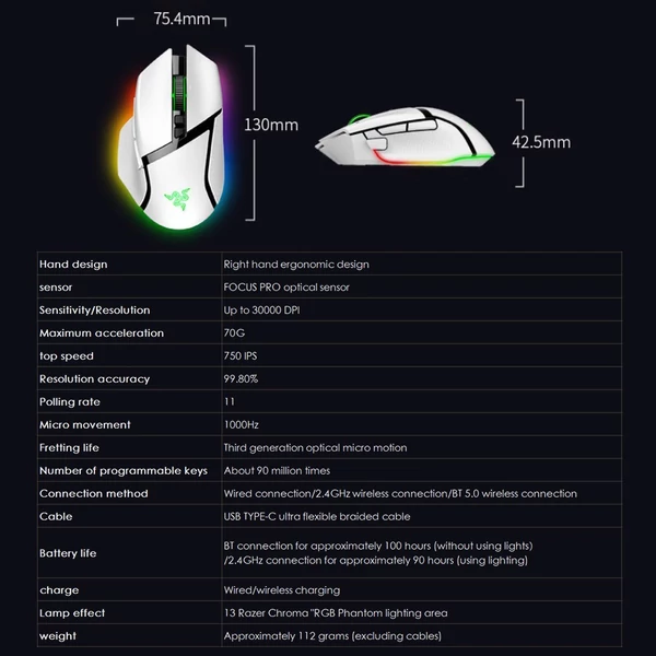 Razer V3 Pro vezeték nélküli RGB játékegér 30000 DPI optikai érzékelővel Chroma Hyperspeed Ergonomikus kialakítás 11 programozható gombbal - Fekete