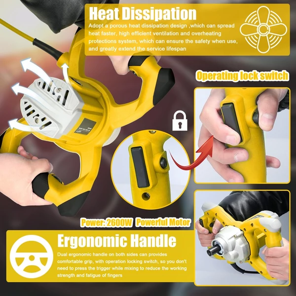 Hordozható 2600 W-os elektromos betonkeverő cementkeverő habarcs fugázó vakolat festékkeverő eszköz, 6 sebesség állítható