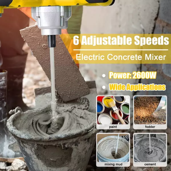 Hordozható 2600 W-os elektromos betonkeverő cementkeverő habarcs fugázó vakolat festékkeverő eszköz, 6 sebesség állítható