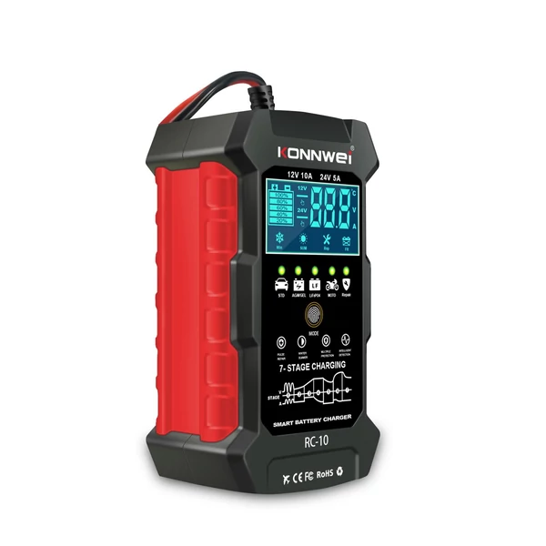 Konnwei RC-10 12V 10A /24V 5A akkumulátortöltő akkumulátor impulzus javító eszköz ólomsavas gépjárművek tengeri mélyciklusú akkumulátoraihoz