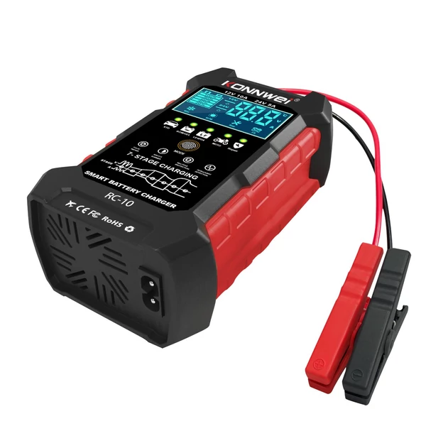 Konnwei RC-10 12V 10A /24V 5A akkumulátortöltő akkumulátor impulzus javító eszköz ólomsavas gépjárművek tengeri mélyciklusú akkumulátoraihoz