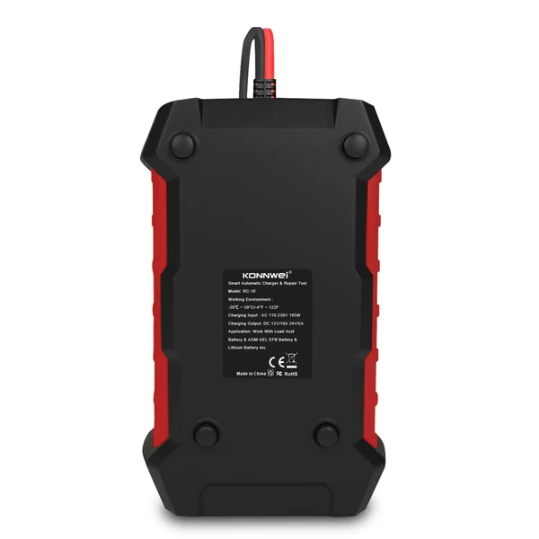 Konnwei RC-10 12V 10A /24V 5A akkumulátortöltő akkumulátor impulzus javító eszköz ólomsavas gépjárművek tengeri mélyciklusú akkumulátoraihoz