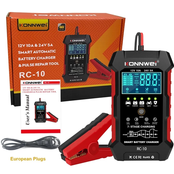 Konnwei RC-10 12V 10A /24V 5A akkumulátortöltő akkumulátor impulzus javító eszköz ólomsavas gépjárművek tengeri mélyciklusú akkumulátoraihoz