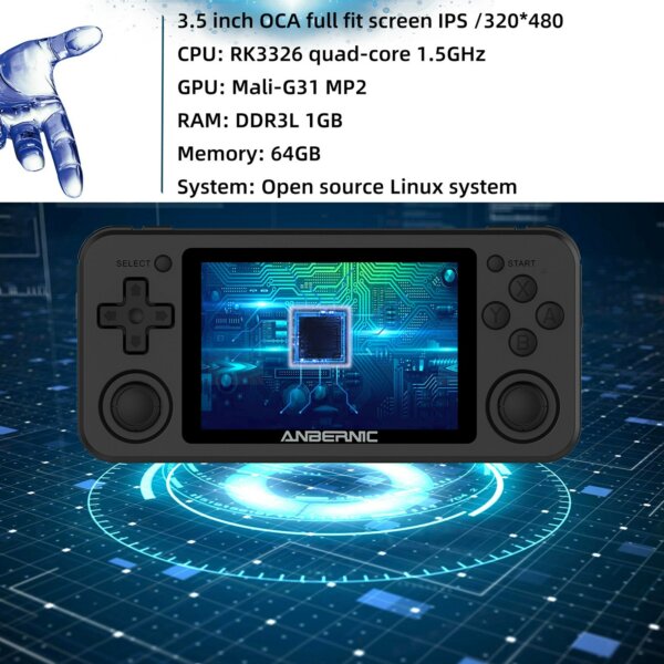 ANBERNIC RG351P kézi játékkonzol 3,5 hüvelykes IPS képernyő 64 GB - Fekete