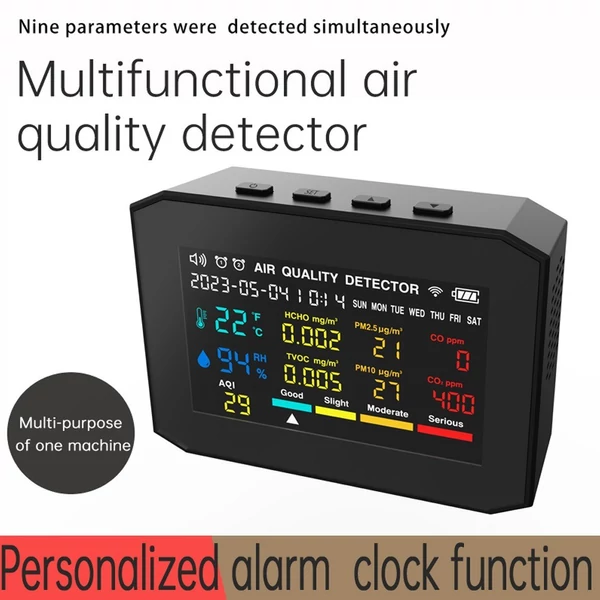 9 az 1-ben hordozható levegőminőség-mérő PM2.5 PM10 CO CO2 TVOC HCHO AQI hőmérséklet- és páratartalom-mérő - Fekete