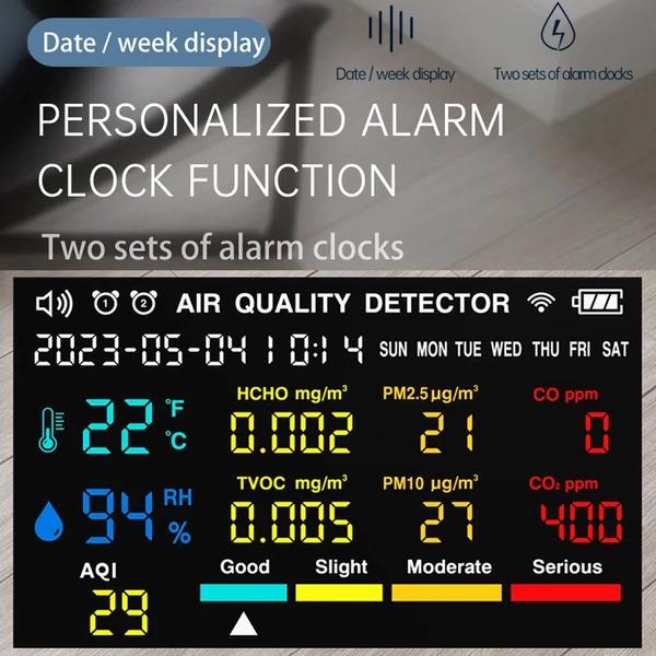 9 az 1-ben hordozható levegőminőség-mérő PM2.5 PM10 CO CO2 TVOC HCHO AQI hőmérséklet- és páratartalom-mérő - Fekete
