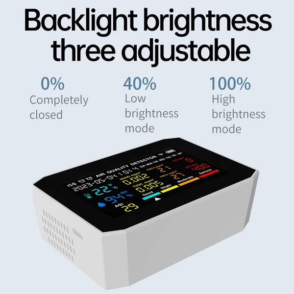 9 az 1-ben hordozható levegőminőség-mérő PM2.5 PM10 CO CO2 TVOC HCHO AQI hőmérséklet- és páratartalom-mérő - Fehér