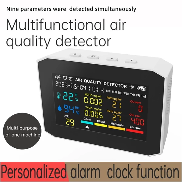 9 az 1-ben hordozható levegőminőség-mérő PM2.5 PM10 CO CO2 TVOC HCHO AQI hőmérséklet- és páratartalom-mérő - Fehér