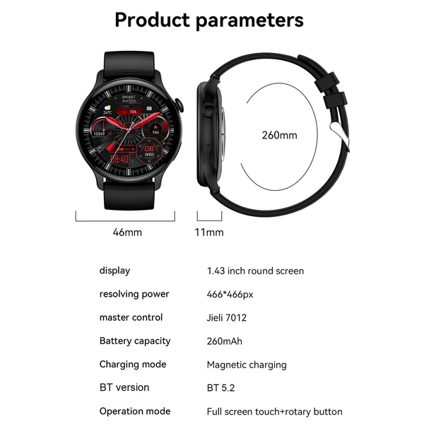 HK85 intelligens karkötős sportóra 1,43 hüvelykes AMOLED teljes érintőképernyős fitneszkövető - Fekete