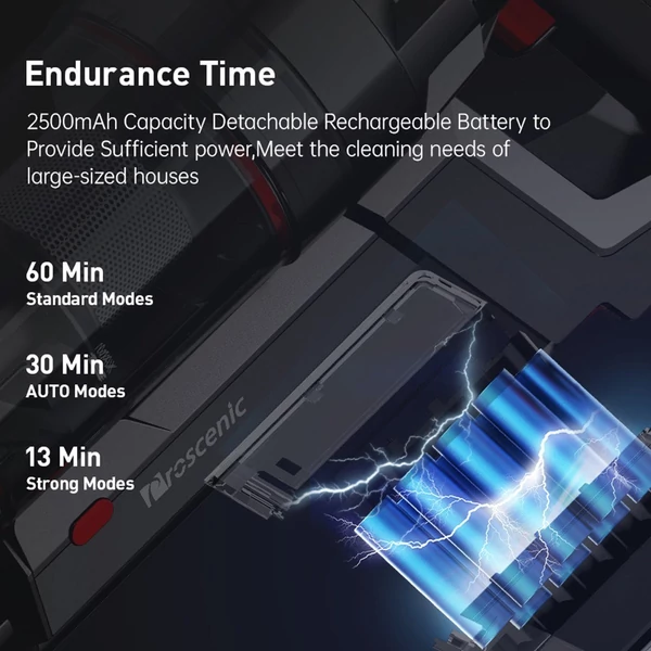 Proscenic P11 akkus porszívó, 25 kpa, erős szívórúd vákuum, 60 perces hosszú üzemidejű levehető akkumulátorral, falra szerelhető tárolóval