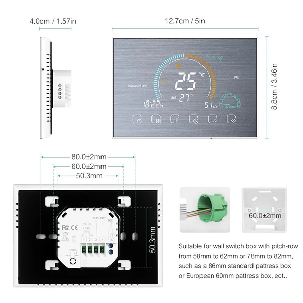 Intelligens programozható termosztát 95-240V - Ezüst, Wi-Fi