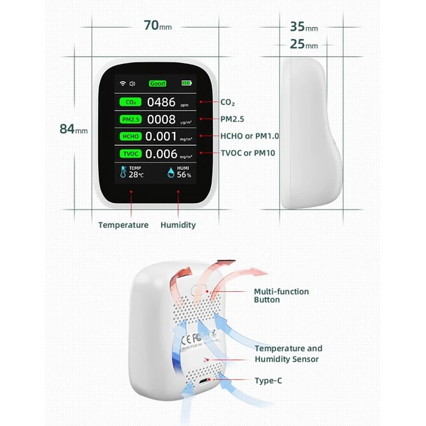 Tuya Wifi hordozható levegőminőség-mérő 8 az 1-ben PM1.0 PM2.5 PM10 CO2 TVOC HCHO hőmérséklet- és páratartalom-mérő LCD színes képernyős szén-dioxid-érzékelő idő- és dátumkijelző funkcióval