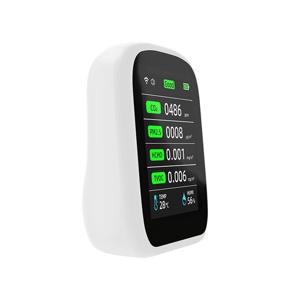 Tuya Wifi hordozható levegőminőség-mérő 8 az 1-ben PM1.0 PM2.5 PM10 CO2 TVOC HCHO hőmérséklet- és páratartalom-mérő LCD színes képernyős szén-dioxid-érzékelő idő- és dátumkijelző funkcióval