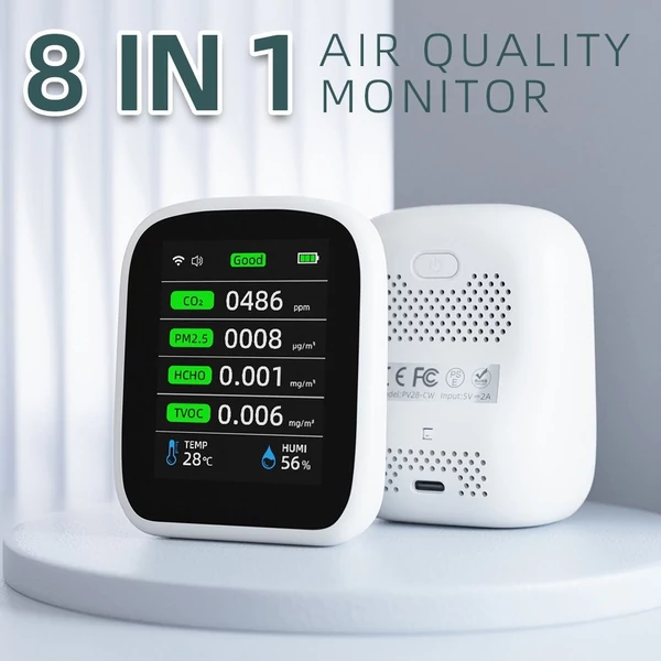 Tuya Wifi hordozható levegőminőség-mérő 8 az 1-ben PM1.0 PM2.5 PM10 CO2 TVOC HCHO hőmérséklet- és páratartalom-mérő LCD színes képernyős szén-dioxid-érzékelő idő- és dátumkijelző funkcióval