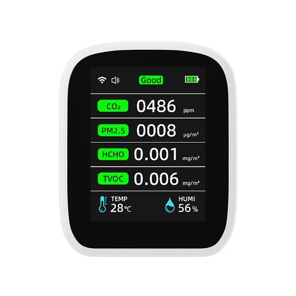 Tuya Wifi hordozható levegőminőség-mérő 8 az 1-ben PM1.0 PM2.5 PM10 CO2 TVOC HCHO hőmérséklet- és páratartalom-mérő LCD színes képernyős szén-dioxid-érzékelő idő- és dátumkijelző funkcióval