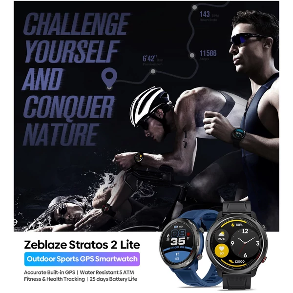 Zeblaze Stratos 2 Lite GPS okosóra 1,32 hüvelykes IPS teljes érintőképernyős fitneszkövető - Fekete