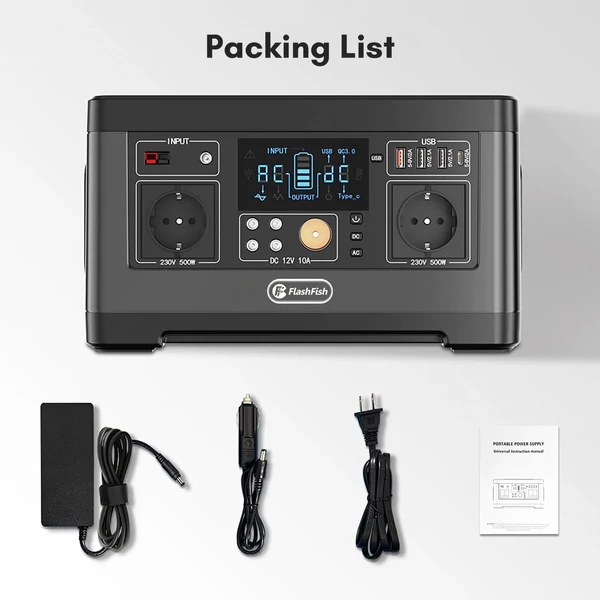 Flashfish P63 hordozható 140400mAh/520Wh napelemes generátor 500W CPAP akkumulátoros erőmű 2 230V AC kimenettel / 4 DC port / 1 gyorstöltő port / 2 USB port / 1 automatikus port