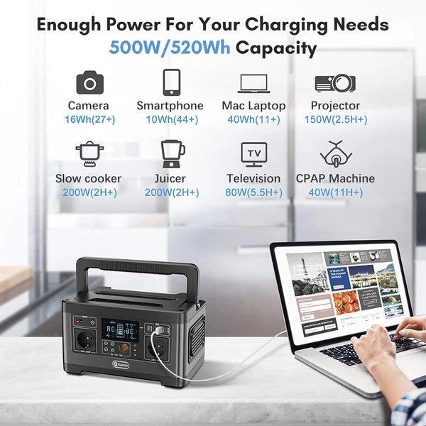 Flashfish P63 hordozható 140400mAh/520Wh napelemes generátor 500W CPAP akkumulátoros erőmű 2 230V AC kimenettel / 4 DC port / 1 gyorstöltő port / 2 USB port / 1 automatikus port