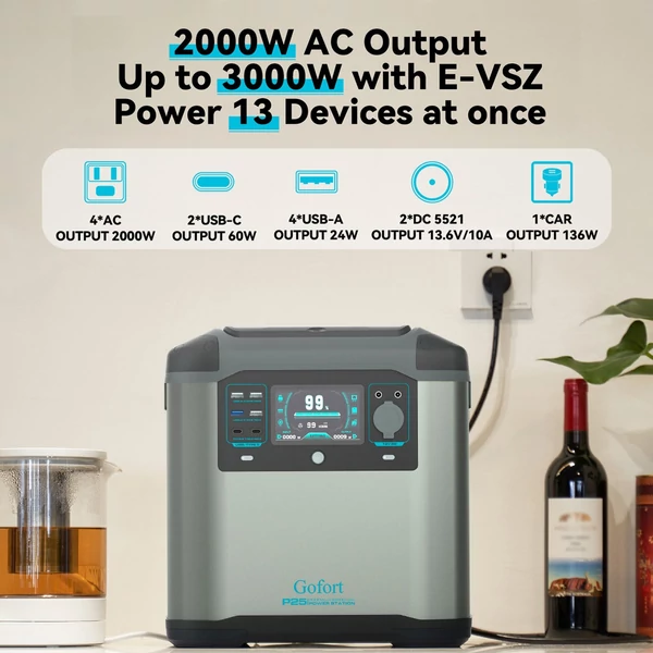 GOFORT 2000 W-os hordozható erőmű, 436800 mAh/1573 Wh napelemes generátor DC/AC/C típusú/USB aljzatokkal