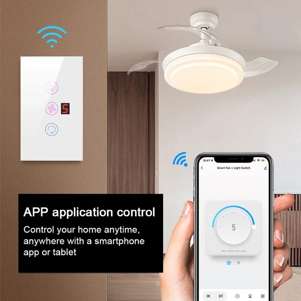 Tuya WiFi intelligens érintőképernyős állítható ventilátor fénykapcsoló, mobiltelefon hangvezérlés - Fekete