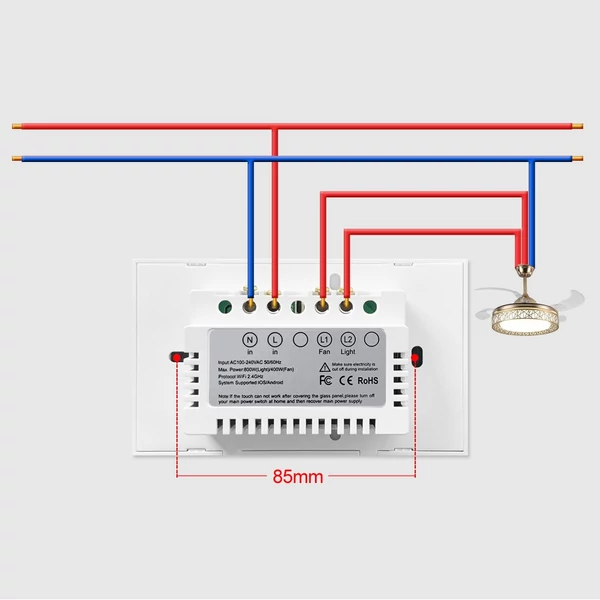 Tuya WiFi intelligens érintőképernyős állítható ventilátor, fénykapcsoló mobiltelefon hangvezérlés - Fekete