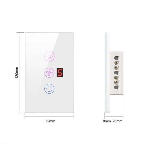 Tuya WiFi intelligens érintőképernyős állítható ventilátor fénykapcsoló, mobiltelefon hangvezérlés - Fehér
