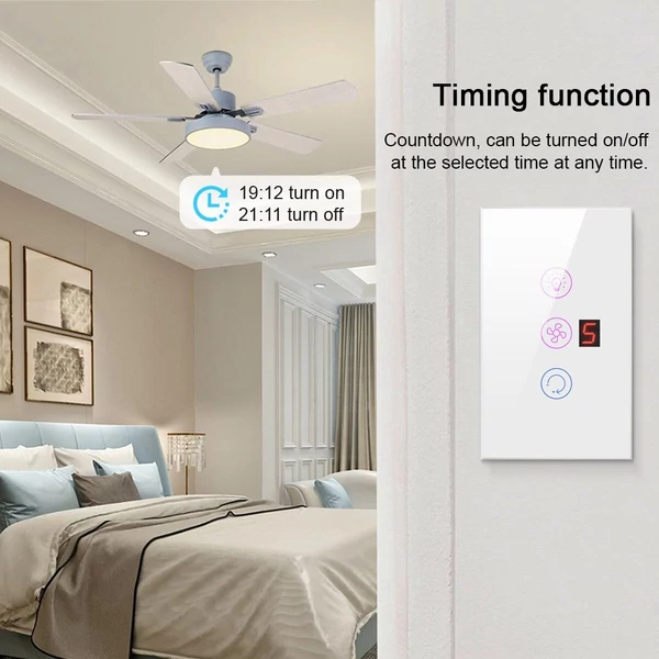 Tuya WiFi intelligens érintőképernyős állítható ventilátor fénykapcsoló, mobiltelefon hangvezérlés - Fehér