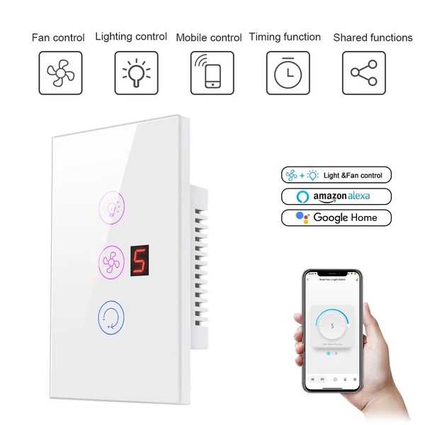 Tuya WiFi intelligens érintőképernyős állítható ventilátor fénykapcsoló, mobiltelefon hangvezérlés - Fehér