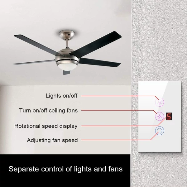 Tuya WiFi intelligens érintőképernyős állítható ventilátor fénykapcsoló, mobiltelefon hangvezérlés - Fehér