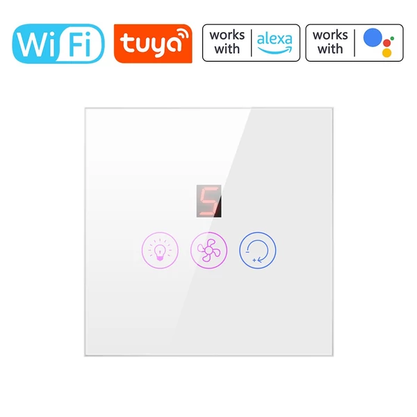 Tuya WiFi intelligens érintőképernyős állítható ventilátor fénykapcsoló, mobiltelefon hangvezérlés - Fehér