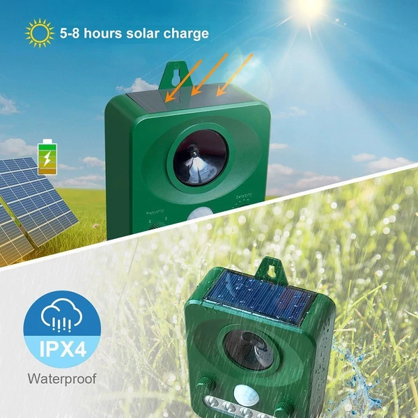 Napenergiával működő állatriasztó ultrahangos, kutya, macska, újratölthető riasztó