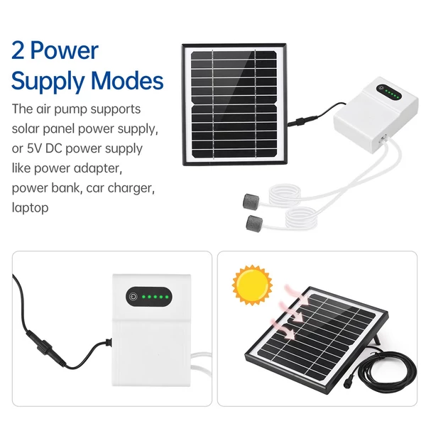 5W/6V napenergiával működő akváriumi oxigén levegőszivattyú készlet 2 üzemmóddal, oxigéncsővel, 2 légbuborékos kővel - Fekete