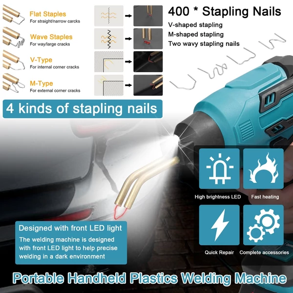 Hordozható kézi műanyag hegesztőgép autópanel repedés-javító készlet hővágó tűzőgép műanyagjavító szerszám LED lámpával (1db akkumulátor)
