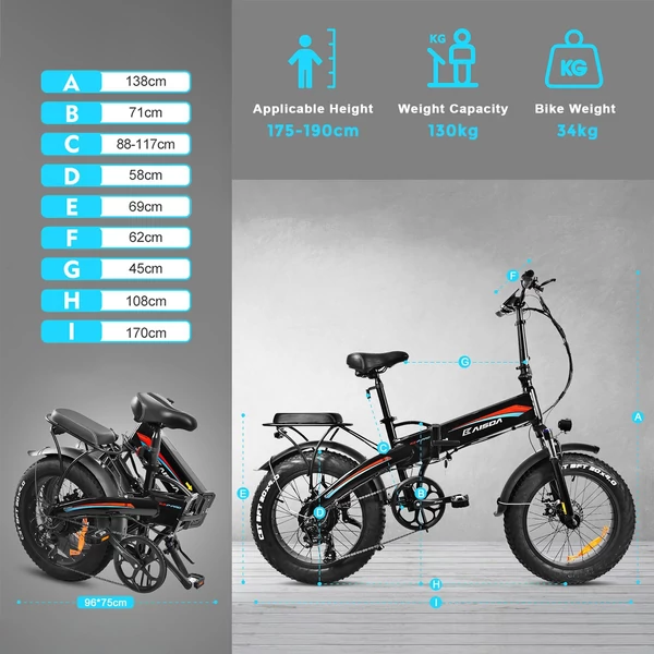 KAISDA K2P PRO összecsukható elektromos hókerékpár 750 W-os motorral, 48 V 15 AH akkumulátorral, 7 sebességes váltó ingázáshoz felnőtteknek - Kék