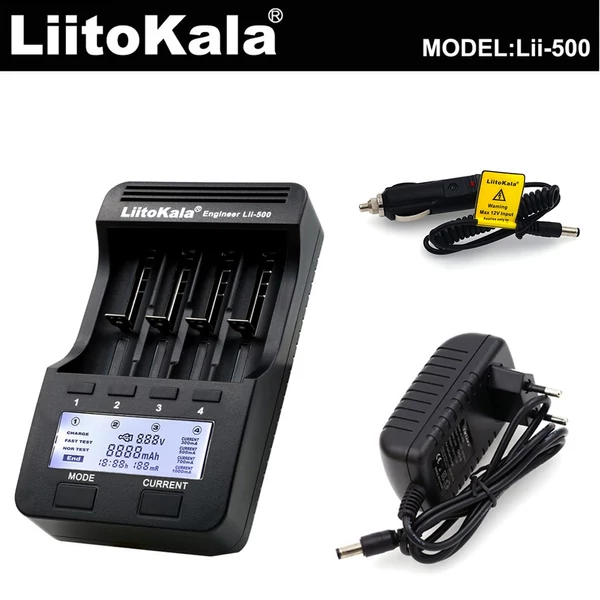 LiitoKala Lii-500 4 nyílásos LCD legokosabb akkumulátortöltő készlet autós töltő EU adapterrel
