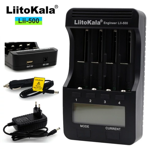 LiitoKala Lii-500 4 nyílásos LCD legokosabb akkumulátortöltő készlet autós töltő EU adapterrel