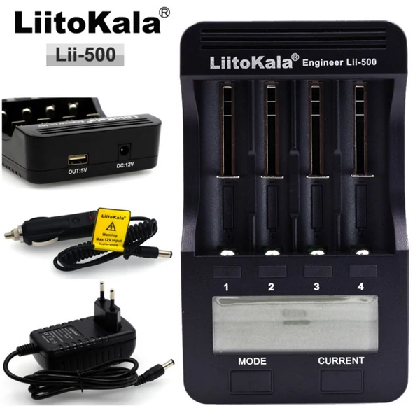 LiitoKala Lii-500 4 nyílásos LCD legokosabb akkumulátortöltő készlet autós töltő EU adapterrel