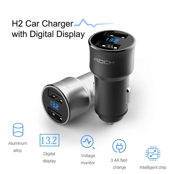 ROCK H2 Dual USB autós töltő digitális LED kijelzővel 5V/3.4A alumíniumötvözet gyorstöltő feszültségfigyelő iPhone Samsung készülékhez