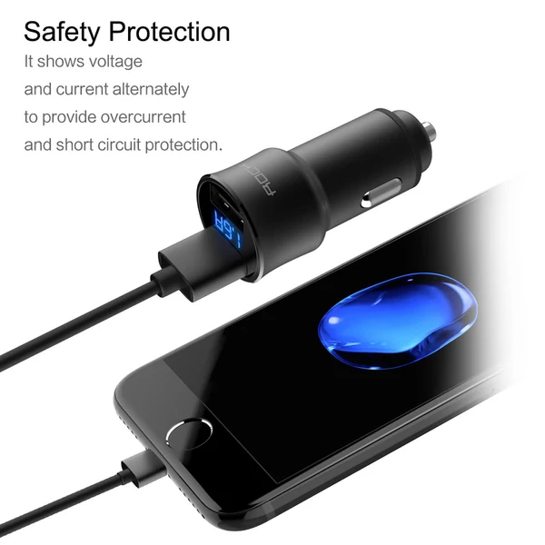 ROCK H2 Dual USB autós töltő digitális LED kijelzővel 5V/3.4A alumíniumötvözet gyorstöltő feszültségfigyelő iPhone Samsung készülékhez