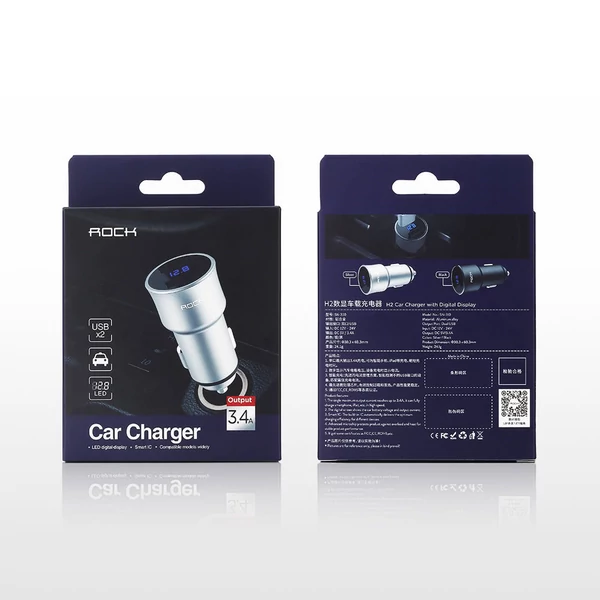 ROCK H2 Dual USB autós töltő digitális LED kijelzővel 5V/3.4A alumíniumötvözet gyorstöltő feszültségfigyelő iPhone Samsung készülékhez