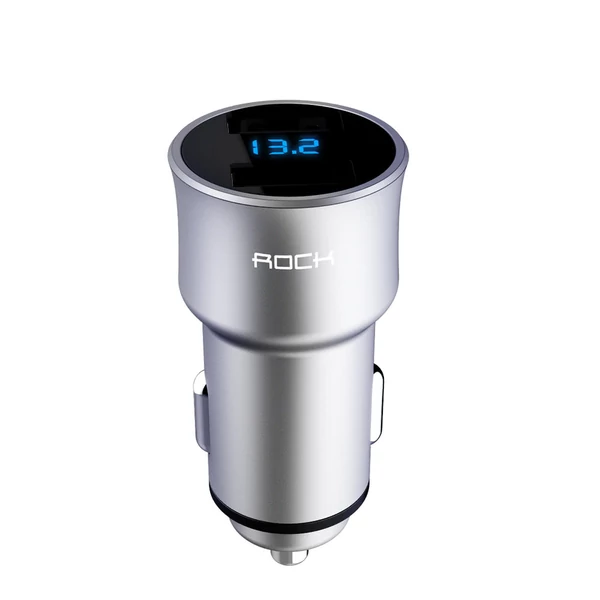 ROCK H2 Dual USB autós töltő digitális LED kijelzővel 5V/3.4A alumíniumötvözet gyorstöltő feszültségfigyelő iPhone Samsung készülékhez