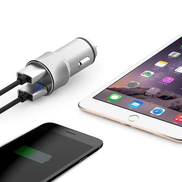 ROCK H2 Dual USB autós töltő digitális LED kijelzővel 5V/3.4A alumíniumötvözet gyorstöltő feszültségfigyelő iPhone Samsung készülékhez