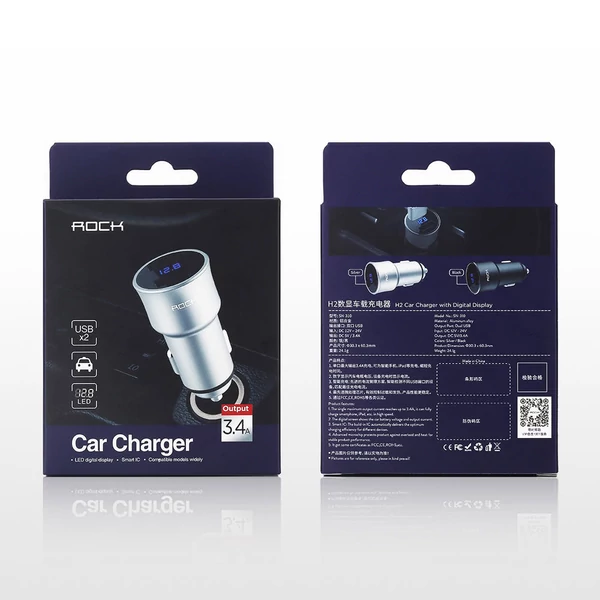 ROCK H2 Dual USB autós töltő digitális LED kijelzővel 5V/3.4A alumíniumötvözet gyorstöltő feszültségfigyelő iPhone Samsung készülékhez