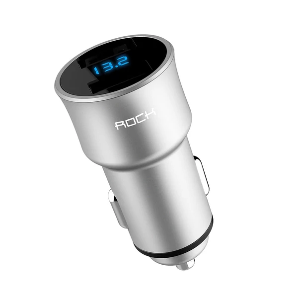 ROCK H2 Dual USB autós töltő digitális LED kijelzővel 5V/3.4A alumíniumötvözet gyorstöltő feszültségfigyelő iPhone Samsung készülékhez