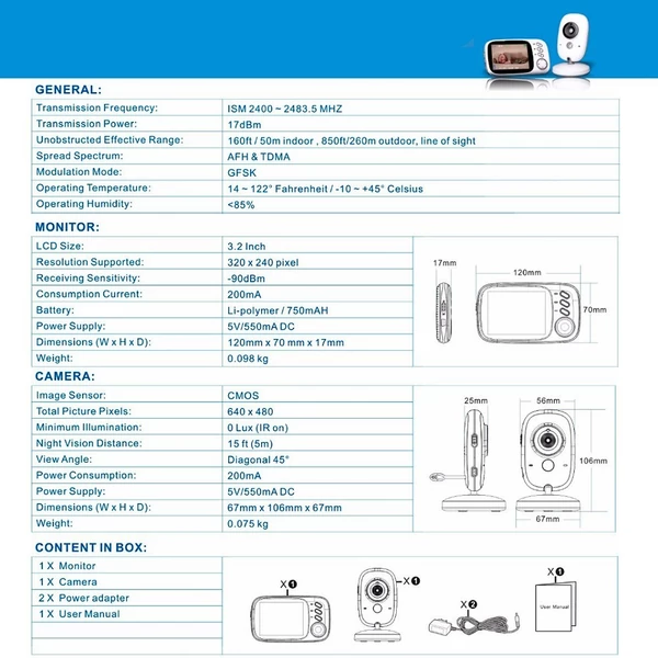 VB603 3,2 hüvelykes digitális babafigyelő vezeték nélküli kamera LCD elektronikus bébiszitter