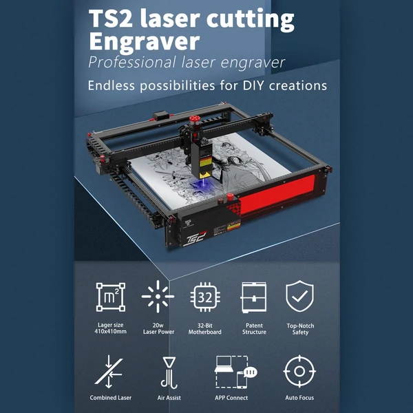 Two Trees TS2 20W lézergravírozó autofókusz Air Assist rendszerrel 410x410mm gravírozási terület
