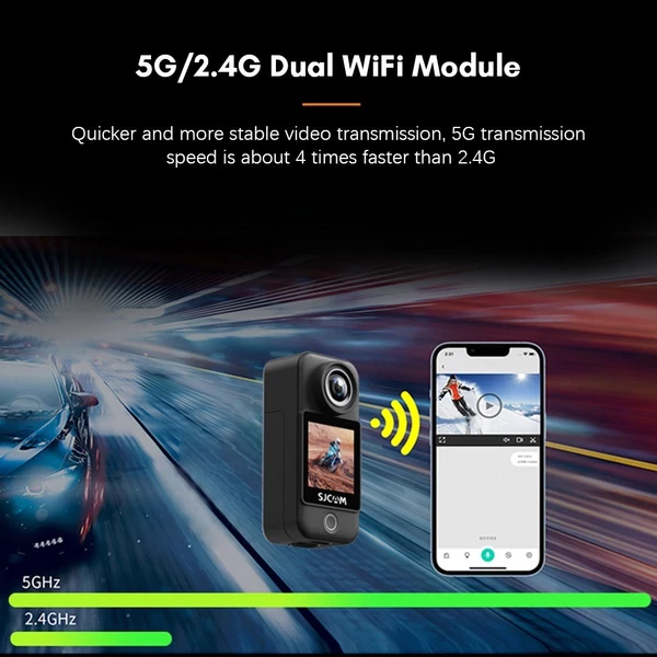 SJCAM C300 4K 30FPS mini akciókamera 5G/2.4G WiFi érintőképernyős extra 2800mAh akkumulátormodullal - Fekete