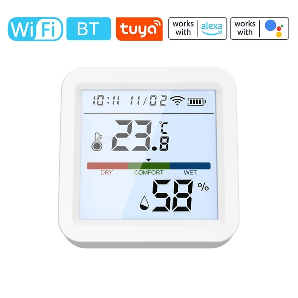 Tuya WiFi BT kettős üzemmódú hőmérsékleti páratartalom-mérő LCD háttérvilágítású kijelző