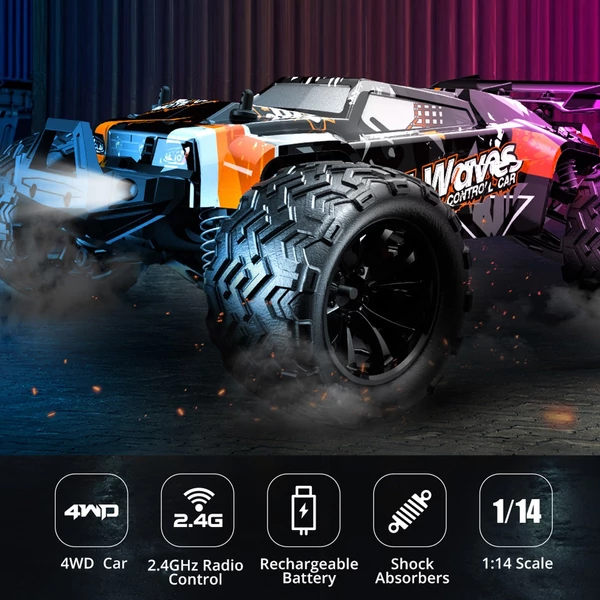 1/14 2.4GHz 45km/h távirányítós autó 4WD mászóautó - Narancs, 1 akkumulátor