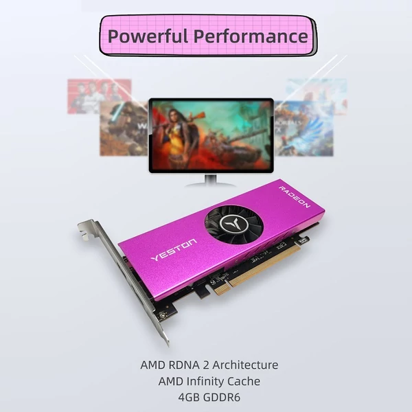 Yeston RX6400-4GD6 LP grafikus kártya 4G/64bit/GDDR6 memória 2039-2321MHz magfrekvenciás 4K felbontású hűtőventilátor HD+DP kimeneti portok